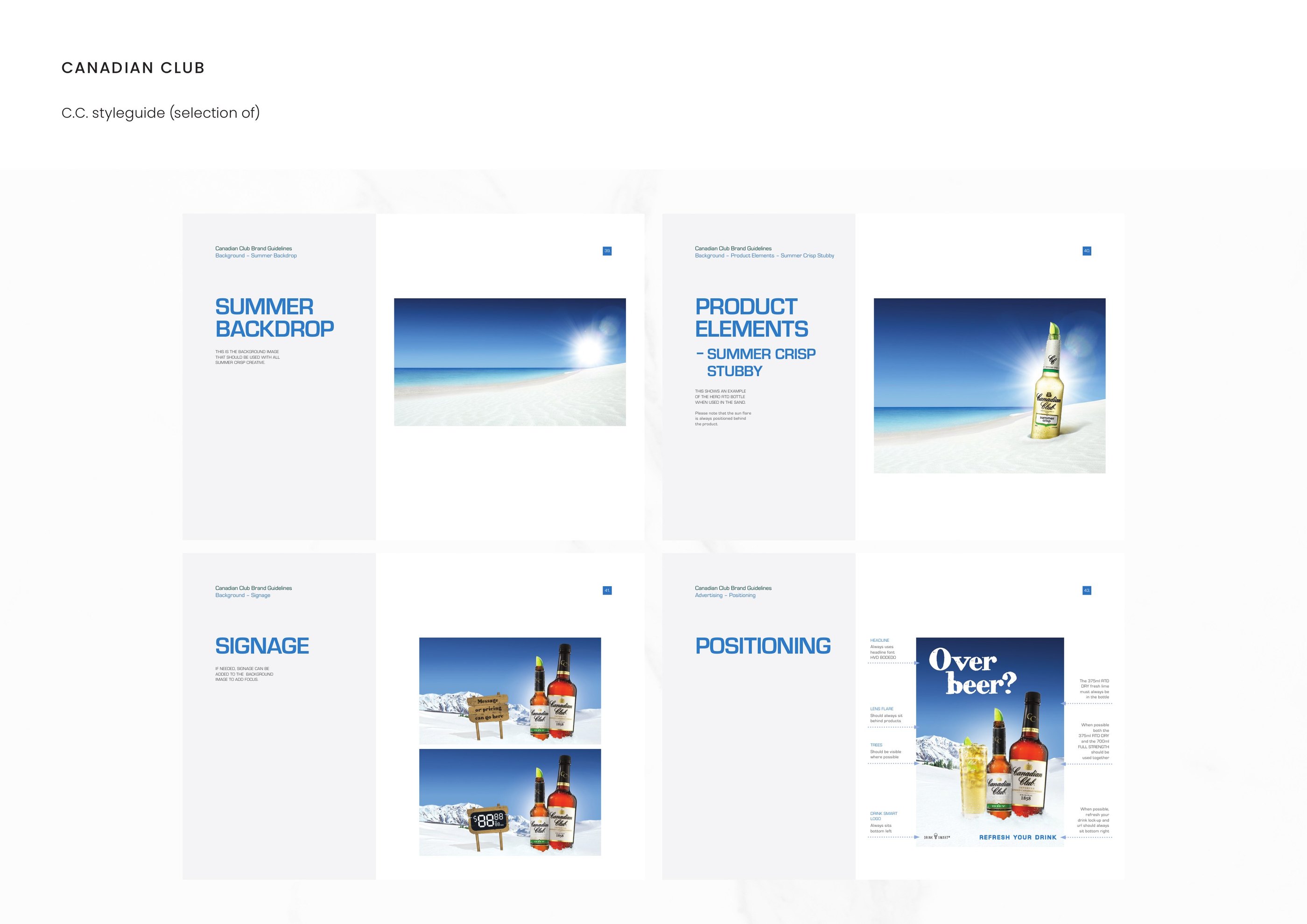 Canadian Club — C.C. styleguide — summer backdrop, summer crisp stubby, signage, positioning