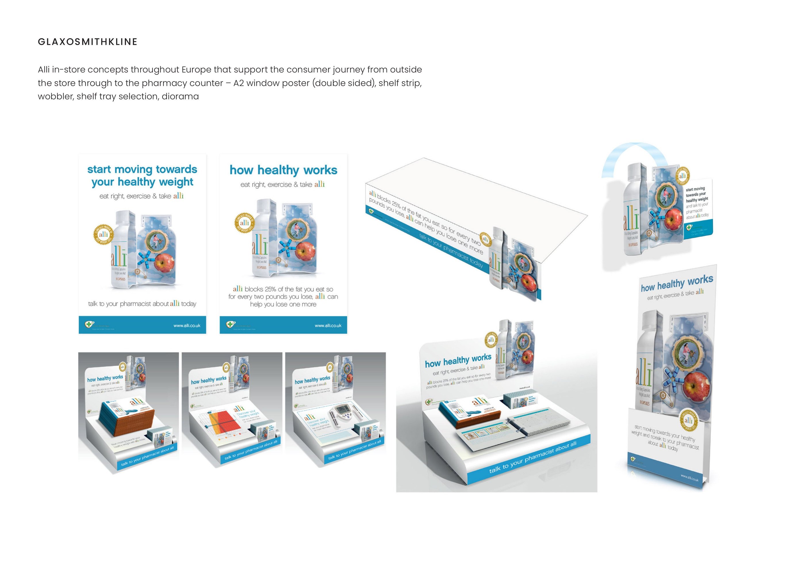 GlaxoSmithKline — Alli in-store concepts (Europe) — A2 window poster, shelf strip, wobbler, shelf tray, diorama