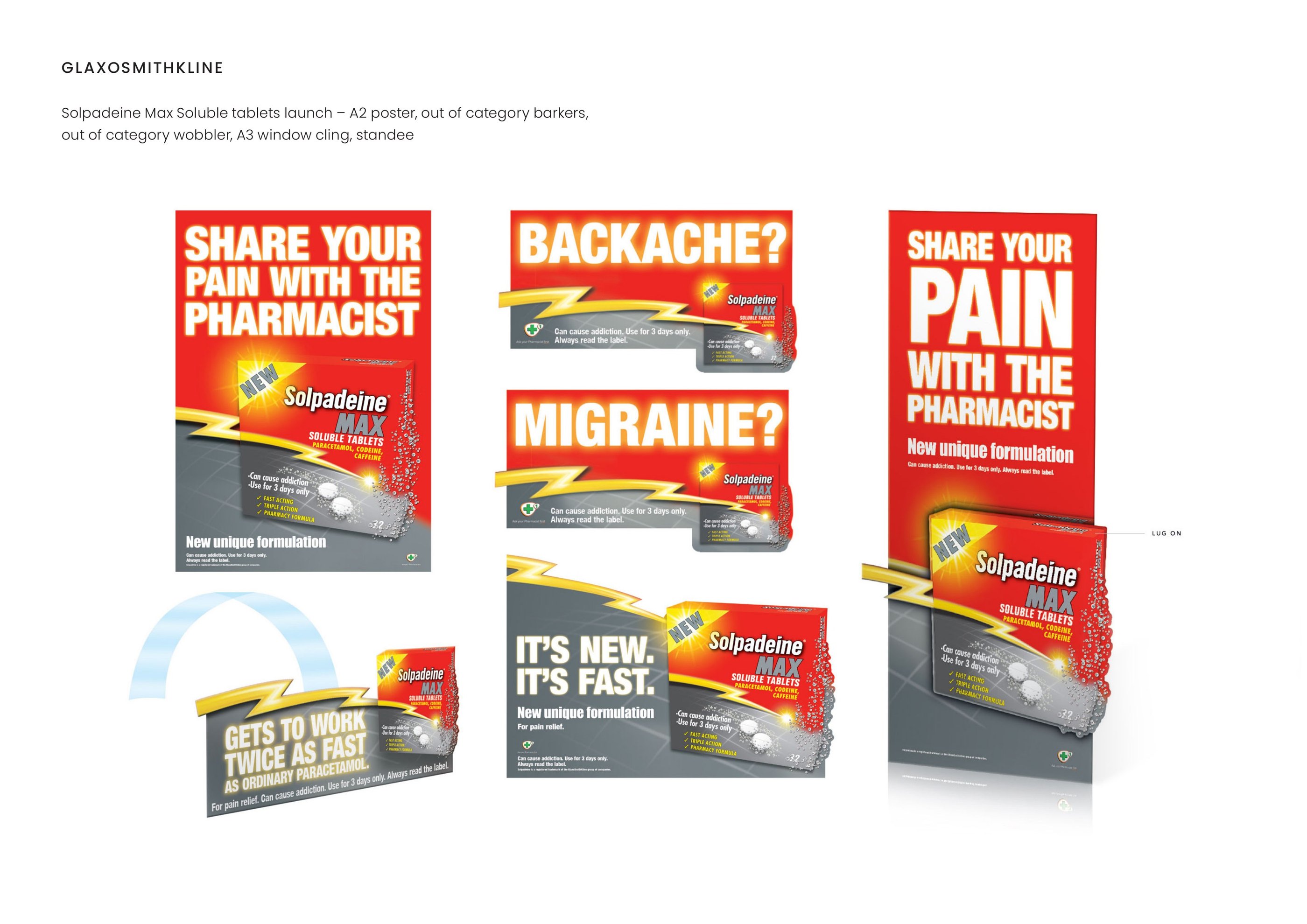 GlaxoSmithKline — Solpadeine Max Soluble tablets launch — A2 poster, barkers, wobbler, window cling, standee