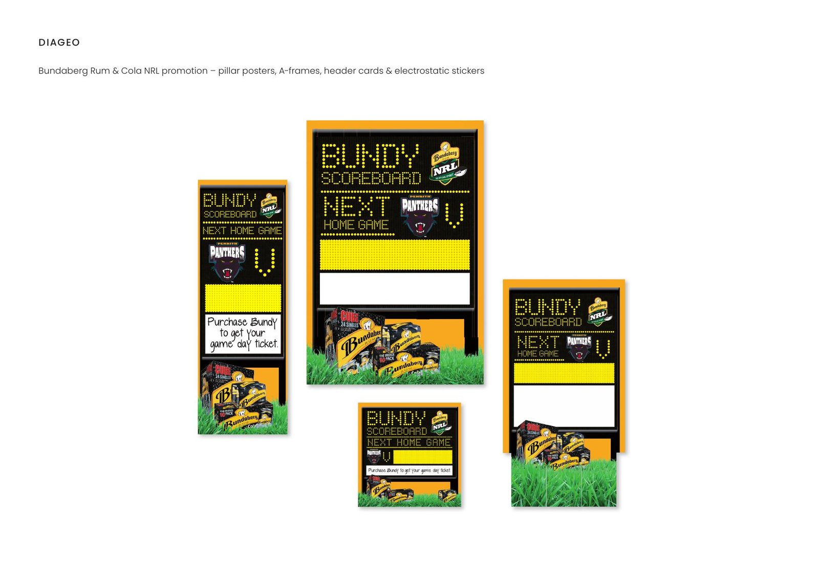 Diageo — Bundaberg Rum & Cola NRL promotion – pillar posters, A-frames, header cards & electrostatic stickers